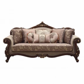 38" Beige And Brown Polyester Blend Curved Floral Sofa And Toss Pillows