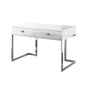 47" White and Silver Metallic Writing Desk With Two Drawers
