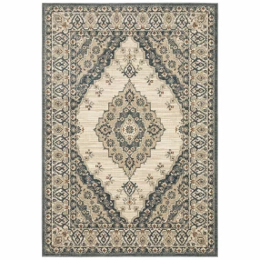 vintage beige blue indoor area rug with brown rectangle textile pattern and art motif