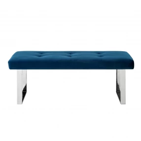 48" Navy Blue And Silver Upholstered Velvet Bench
