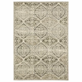 gray floral trellis indoor runner rug with rectangle pattern in grey and beige textile
