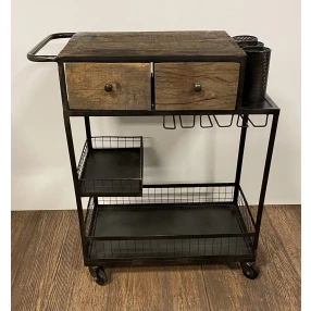 Rolling rustic black natural bar cart with wood shelves and drawers
