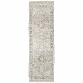 2' X 8' Beige And Grey Oriental Hand Loomed Stain Resistant Runner Rug With Fringe