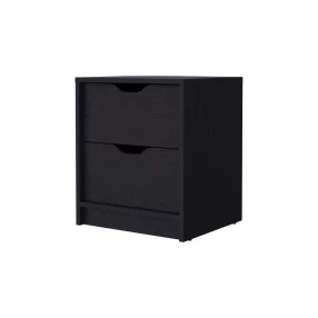 Black drawer nightstand with integrated tech features and wood finish