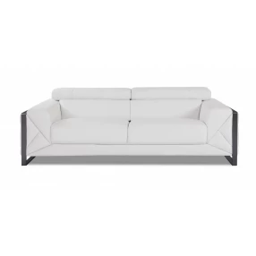 89" White Italian Leather Sofa With Silver Legs