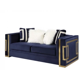 80" Blue And Gold Velvet Loveseat and Toss Pillows