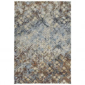 blue gray distressed diamond area rug with brown beige and grey pattern