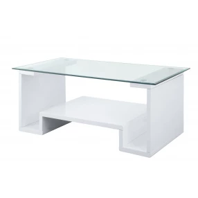 47" White And Clear Glass And Manufactured Wood Rectangular Coffee Table With Shelf