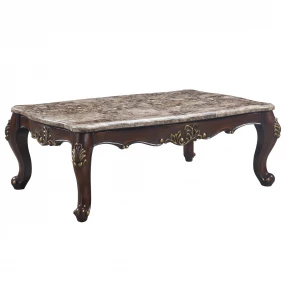 56" Cherry And Marble Faux Marble And Solid Wood Rectangular Coffee Table