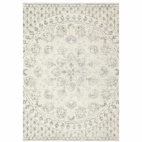 10' X 13' Ivory And Grey Floral Power Loom Stain Resistant Area Rug