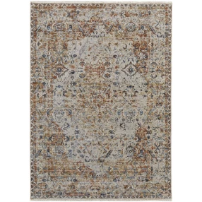 5' X 8' Tan Ivory And Orange Floral Power Loom Area Rug With Fringe