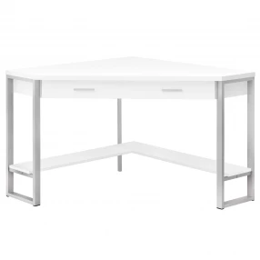 42" White and Silver Corner Computer Desk With Two Drawers
