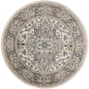 8' Ivory And Grey Round Oriental Power Loom Non Skid Area Rug