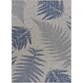 blue gray indoor outdoor area rug with leaf and rectangle pattern