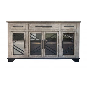 Brown solid manufactured wood distressed credenza with shelving facade