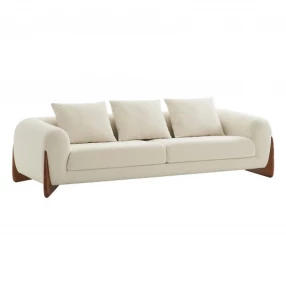 100" Cream Long Fabric and Walnut Wood Sofa