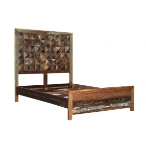 Solid Reclaimed Wood Queen Brown Geometric Panel Bed