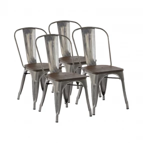 Set Of Four Silver and Brown Wood and Metal Slat Back Dining Chairs