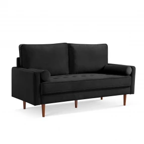 69" Black Velvet Sofa And Toss Pillows With Dark Brown Legs