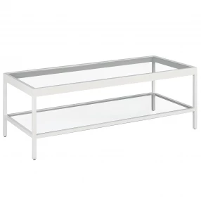 45" Clear Glass And White Steel Coffee Table With Shelf