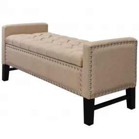 50" Beige and Black Upholstered Linen Bench with Flip top, Shoe Storage