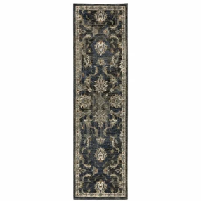 2' X 8' Charcoal Blue Gold Rust And Beige Oriental Power Loom Stain Resistant Runner Rug