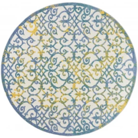 8' X 8' Ivory And Blue Round Damask Non Skid Indoor Outdoor Area Rug