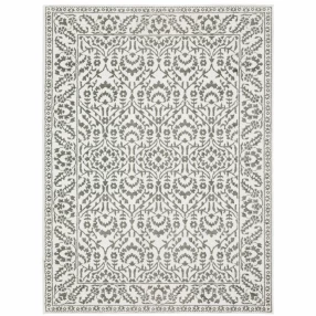 8' X 11' Grey And White Floral Power Loom Stain Resistant Area Rug