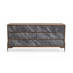 63" Walnut And Grey Faux Marble Wood Six Drawer Double Dresser