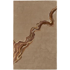 wool abstract tufted handmade area rug with brown pattern and hardwood background