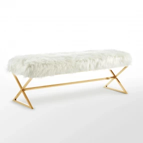 48" White And Gold Upholstered Faux Fur Bench