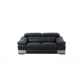 Black silver genuine leather love seat with comfortable rectangular design