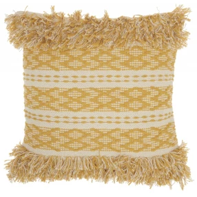 Mustard ivory textured woolen throw pillow with woven fabric pattern