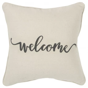 Gray cream welcome decorative throw pillow with elegant font on beige comfortable linen