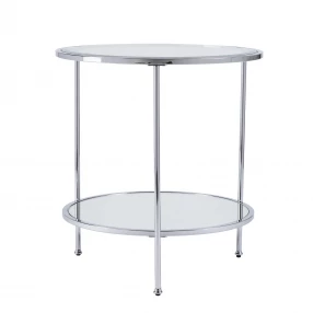 26" Chrome Glass And Iron Round Mirrored End Table With Shelf