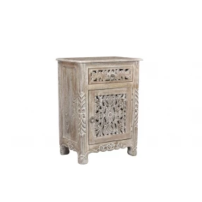 22" Gray One Drawer One Door Floral Carved Nightstand