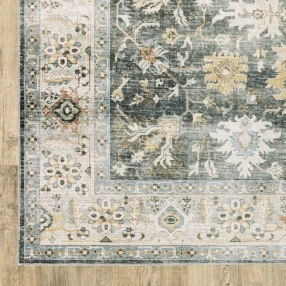 oriental printed non skid runner rug with beige pattern on wood flooring