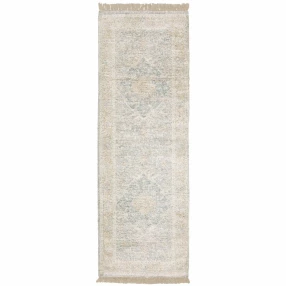 2' X 8' Grey And Beige Oriental Hand Loomed Stain Resistant Runner Rug With Fringe