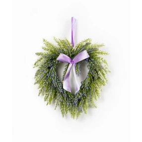 Purple artificial heart lavender wreath with evergreen and holiday ornaments