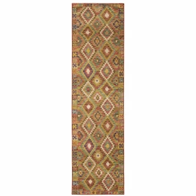 2' X 8' Gold Orange Brown Red Green Purple And Beige Southwestern Printed Stain Resistant Non Skid Runner Rug