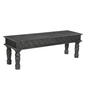 58" Black Distressed and Carved Solid Wood Dining Bench