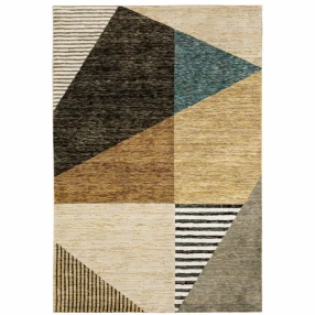 power loom stain resistant area rug in brown beige with rectangle and triangle patterns