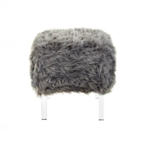 19" Gray Faux Fur And Clear Ottoman