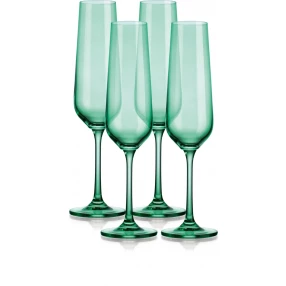 four translucent pale green champagne flutes with stemware and drinkware design
