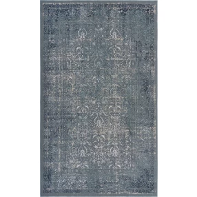 5' X 8' Blue Silver Gray And Cream Damask Distressed Stain Resistant Area Rug