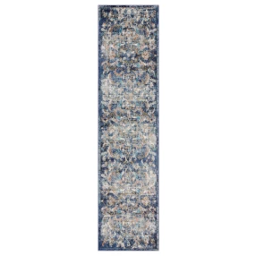 blue white jacobean pattern runner rug with brown beige and electric blue textile design