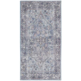 2' X 4' Light Grey And Blue Oriental Power Loom Distressed Washable Area Rug