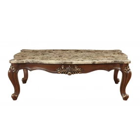 34" Brown And Dark Brown Genuine Marble And Solid Wood Free Form Coffee Table