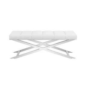 47" White and Silver Upholstered Faux Leather Dining Bench