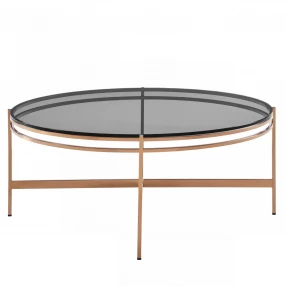 35" Gold And Smoked Glass Round Coffee Table
